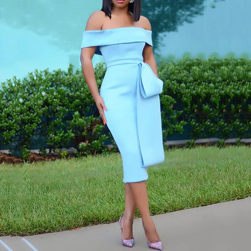 

Women Sexy Party Bodycon Dress Backless Off Shoulder Elegant Evening Blue Summer 2019 Patchwork Fashion High Waist Midi Dresses