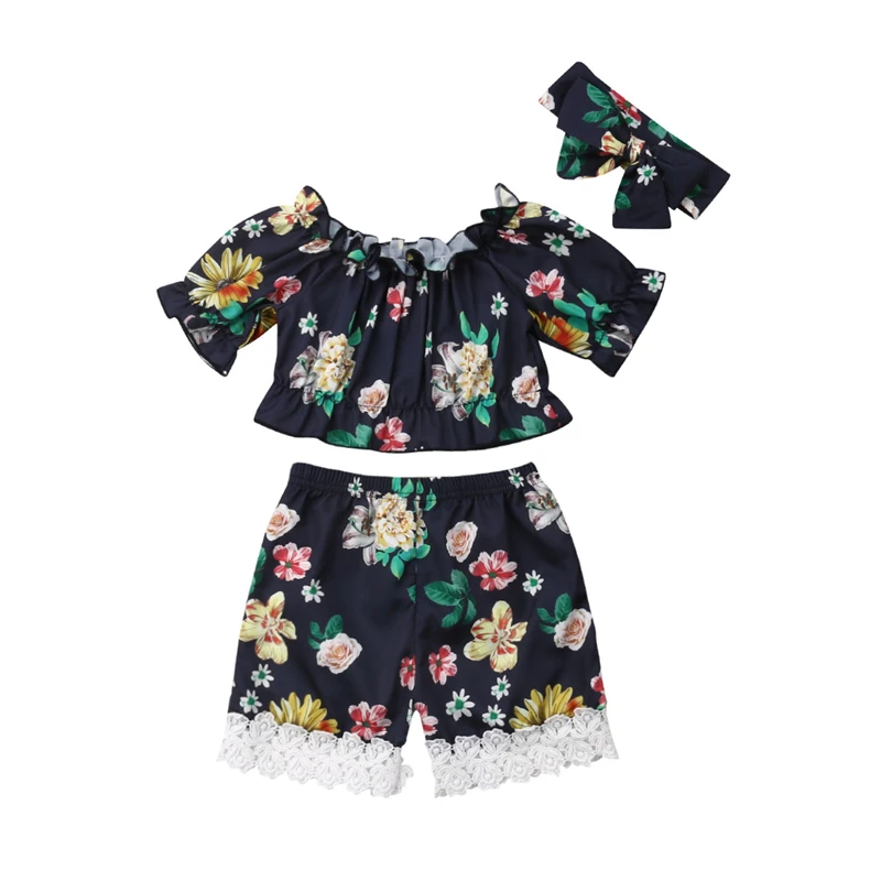  3Pcs Newborn Baby Girls Floral Tops T-shirt Pants Shorts Headband Outfit Clothes