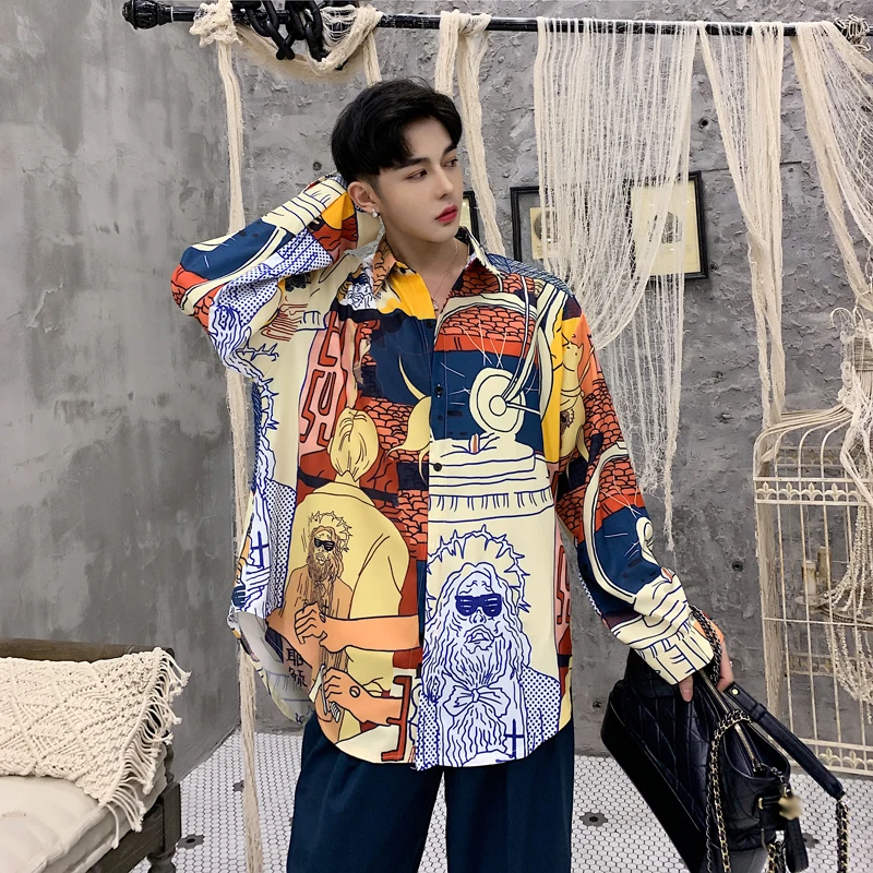 

2019 Men's Colour Printing Chic Male Coats Long Sleeves Brand Fashion Trend French Cuff Loose High-quality mens floral shirt