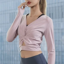 BINAND, женские, v-образный вырез, сексуальные, для йоги, фитнеса, с длинным рукавом, твердые, дикие, эластичная талия, мягкие, дышащие, удобные, для упражнений, короткие рубашки