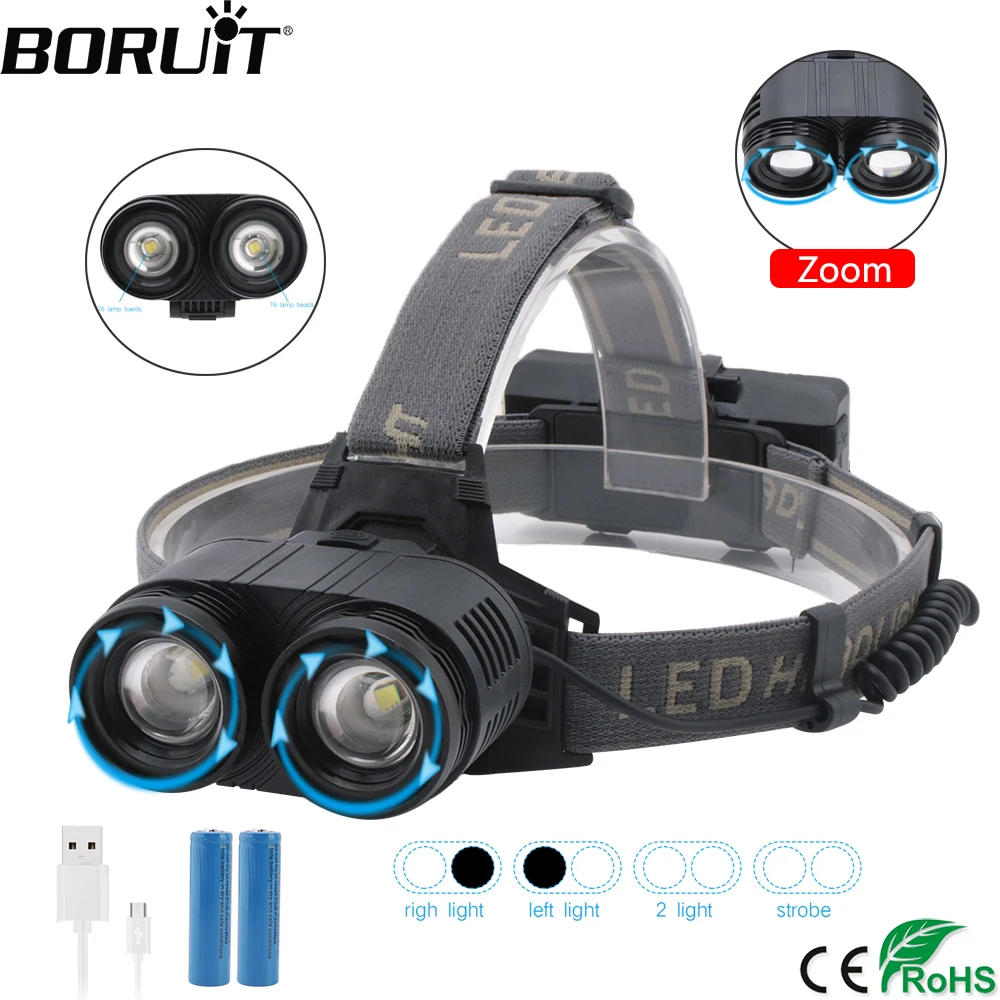 buy BORUiT F529 40000lumens 2* T6 LED Headlamp 4 Mode Zoom Headlight Rechargeable Head Torch Camping Flashlight by 18650 Battery