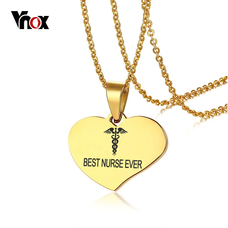 

Vnox Gold Color Medical Alert ID Heart Shaped Pendant Necklace for Nurse Jewelry Stainless Steel Female Necklaces Free Chain 20"
