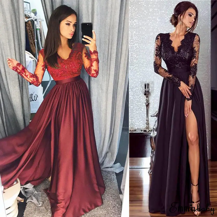 

Fashion Casual Women Ladies Formal Long Lace Dress Prom Evening Party Dress Black Red