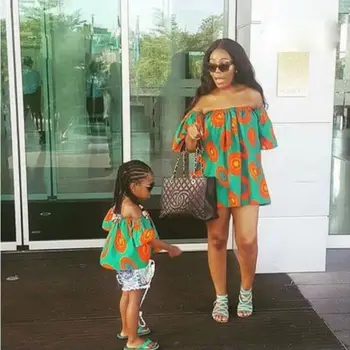 

Mother and Daughter Dresses One shoulder Parent-child Tops Women Kid Girl Green Sexy Casual T-shirt Print Dress