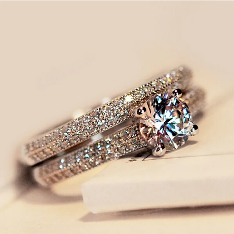 

LNRRABC Women Wedding Ring Set Sparkling Perfect Round Cut Zircon Stone Rings Female Party Jewelry 2 Color Silver&Rose Gold
