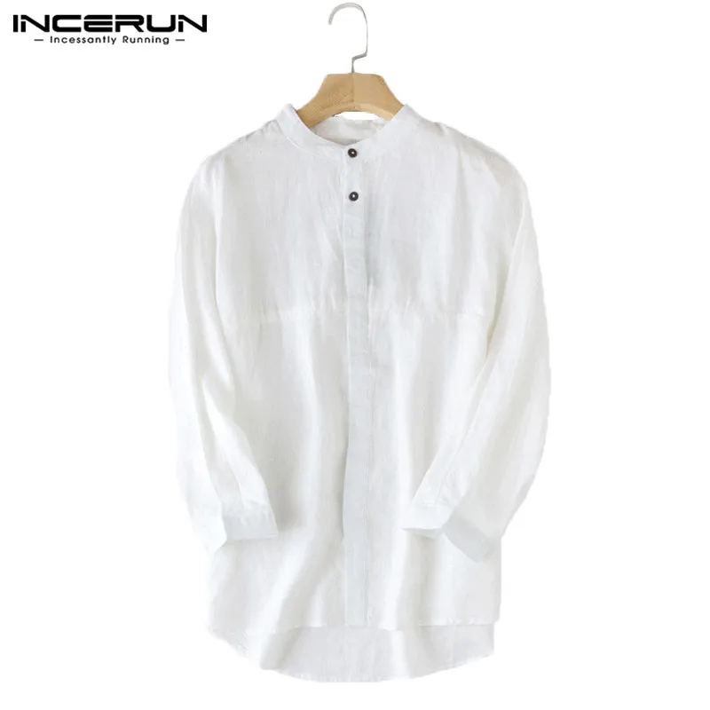 INCERUN عارضة الرجال قميص 3/4 كم حامل الكتان فضفاض الذكور قمم بلوزة الصلبة طوق القطن الترفيه خمر قمصان الرجال زائد حجم