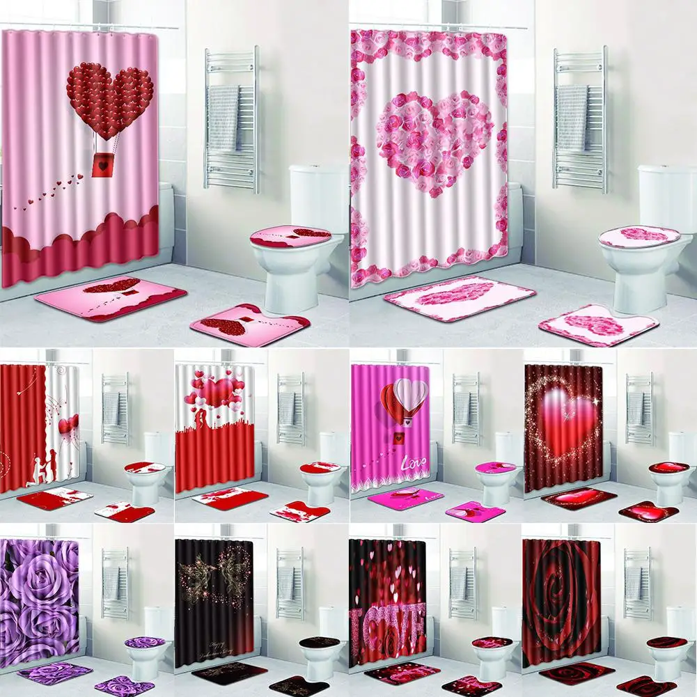 

AsyPets 4Pcs/Set Love Theme Non-Slip Home Toilet Pad Cover Bath Mat Shower Curtain Set for Valentine's Day