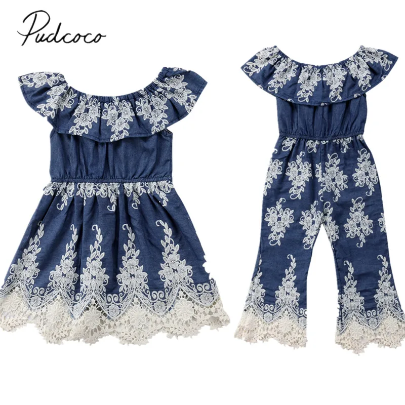 

2019 Brand New Sisters Matching Clothes Kid Baby Girl Embroidered Lace One Piece Jumpsuit Romper Dress Off Shoulder Clothes 1-6T