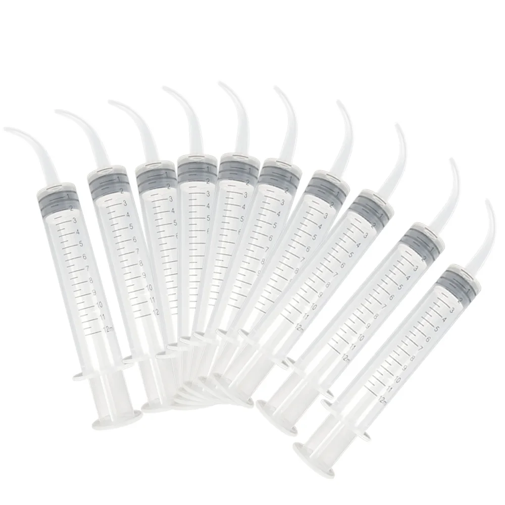 

10pcs Dental Disposable Elbow Syringe Dental Impression Syringes 12ml Conveyor Irrigation Syringe Mixed Washing Curved Tip
