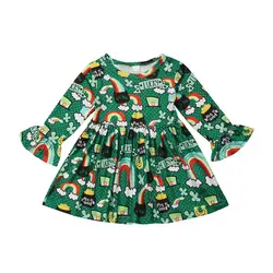 Рождественские платья для девочек, новинка 2019 года, детское зеленое платье с принтом четырехлистного клевера для девочек, платья с