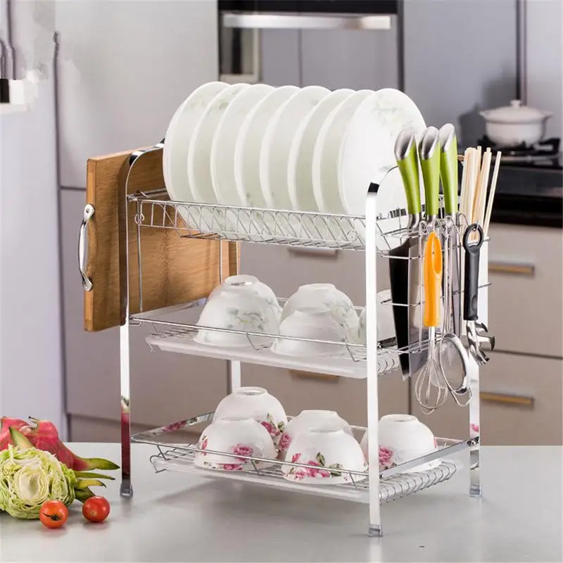 Многофункциональный стеллаж для хранения сушилка для посуды 3-х уровневая Хромированная Подставка-сушилка для посуды Кухня для хранения инструментов с столовые приборы: чашки блюдо стеллажи для выставки товаров