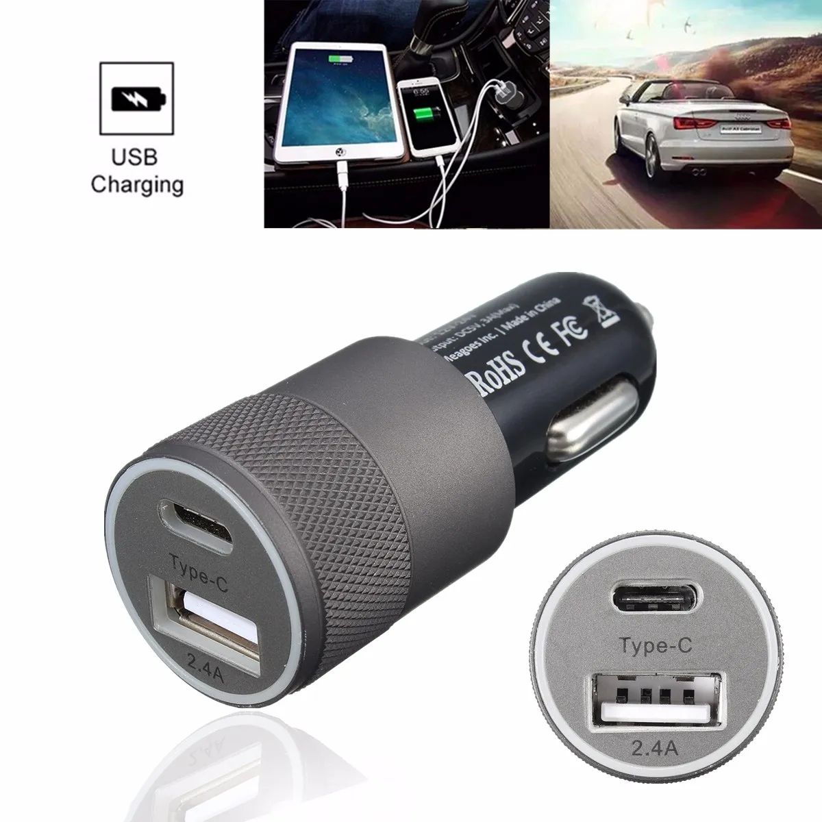 Aluminum 5V 3A USB 3.1 Type C USB A 2.0 Dual USB Port Car Charger Power Dual USB Car Charger For iPhone For Samsung Universal