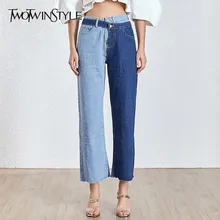 TWOTWINSTYLE Лоскутные синие джинсы для женщин с высокой талией неровные Большие размеры летние джинсовые длинные брюки модная одежда
