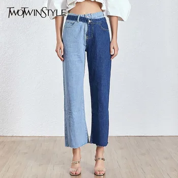 

TWOTWINSTYLE Patchwork Blue Jeans For Women High Waist Irregular Large Size Summer Denim Long Trousers 2020 Fashion Clothing