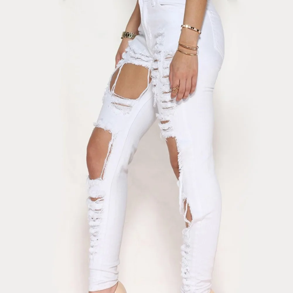 Новые белые рваные джинсы женские джеггинсы крутые джинсы с высокой талией женские брюки-Капри обтягивающие черные повседневные джинсы