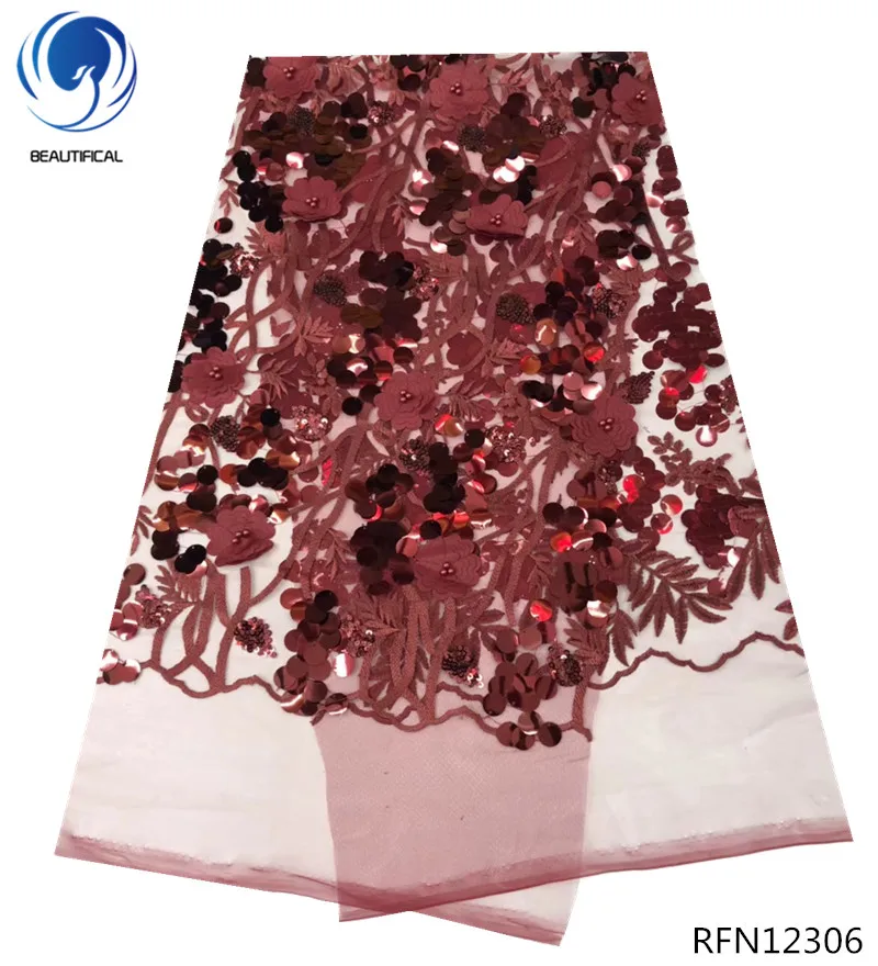 

BEAUTIFICAL 3D lace fabrics with sequins free shipping african tulle lace fabric shiny dresses lace for wedding 5yards RFN123
