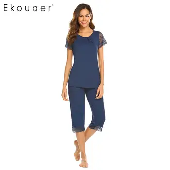 

Ekouaer Women Sleepwear Pajamas Set Pure Color Round Neck Short Sleeve Lace Patchwork Rayon Pyjamas Summer Lingerie Pajama