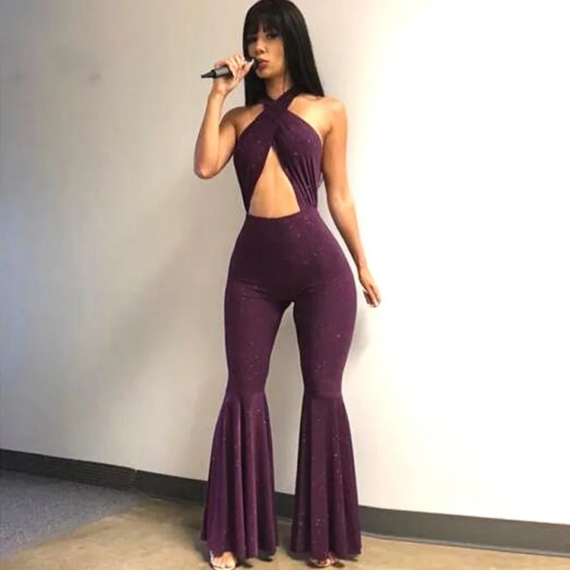 

Halter Vintage Sexy Jumpsuit Hollow Out Backless Bodycon Bodysuits Hot Sexy Boot Cut Summer Long Romper Party Nightclub