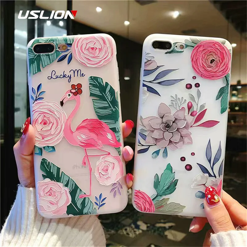 

USLION 3D Flamingo Flower Cover For iPhone 6 7 8 Plus X xr xs max Floral Phone Case For iPhone 6 7 Plus Soft Silicon Coque Cover