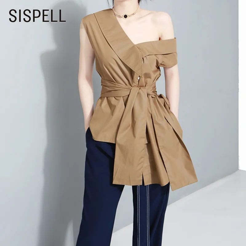 

SISPELL Off Shoulder Women Tops And Blouse Shirts V Neck Sleeveless High Waist Bandage Slim Tops Female Blouses Fashion New 2019