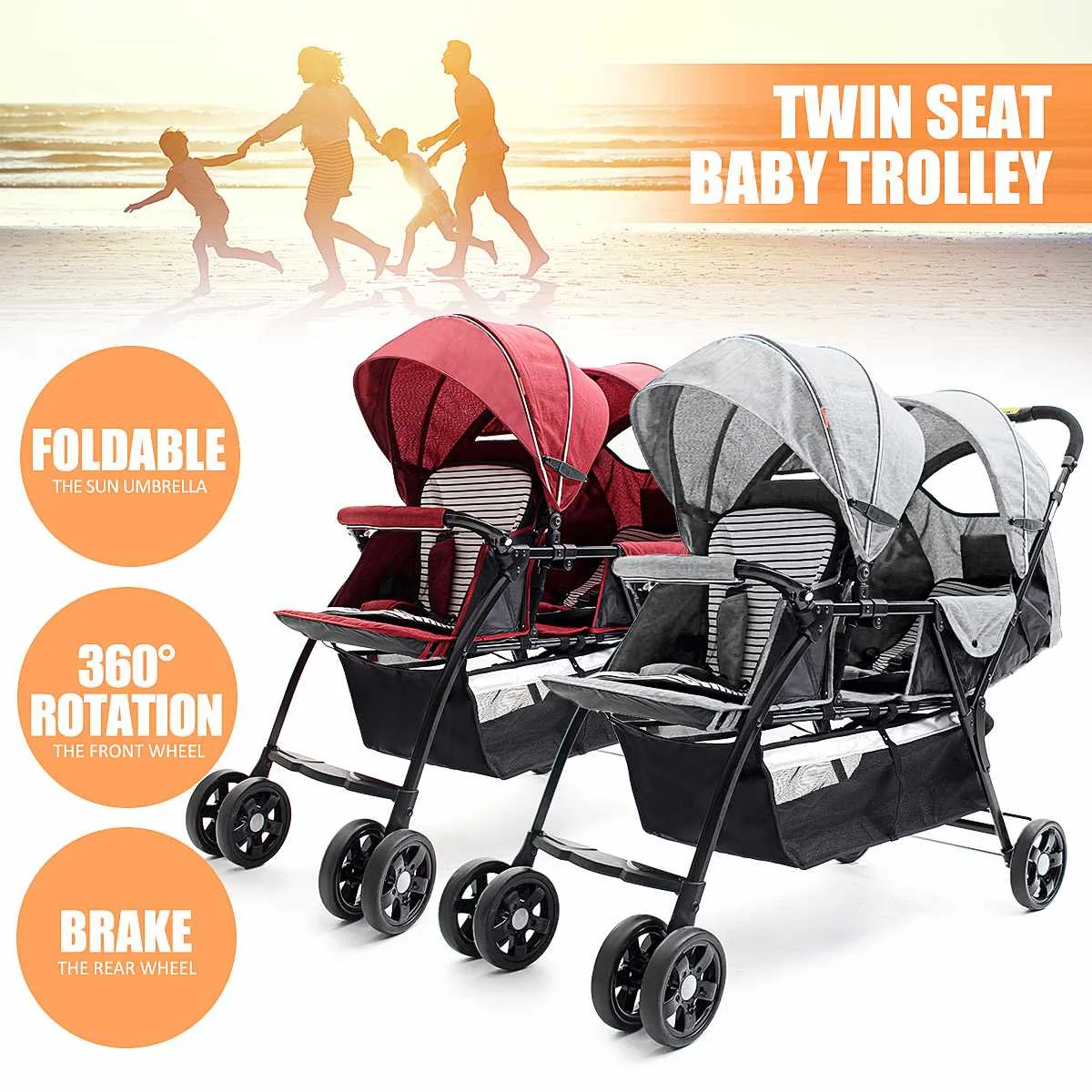 

2 Seats Foldable Baby Trolley for Twins 360 Degree Rotation High Landscape Strollers for Baby Children Infant Pushchair