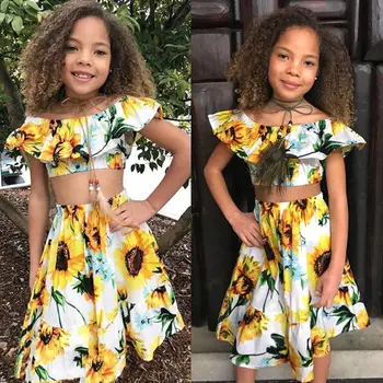 

Pudcoco Girl Set 2Y-7Y Toddler Kids Baby Girls Flower Off Shoulder Crop Tops Skirt Outfit Clothes