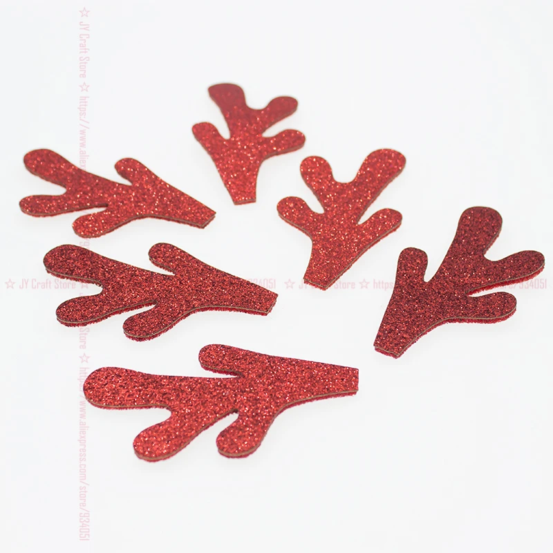 

Set of 50pcs Glitter Fabric Red Christmas Reindeer Antlers 2.95" Deer Horn Appliques for DIY Headband, Xmas Baby Hair Clip