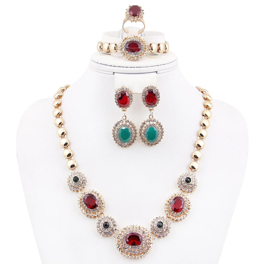

Fashion Moroccan Charm Women Gold Jewelry Set Red Crystal Necklace Earrings Ethnic Jewellery Accessories for Mulism