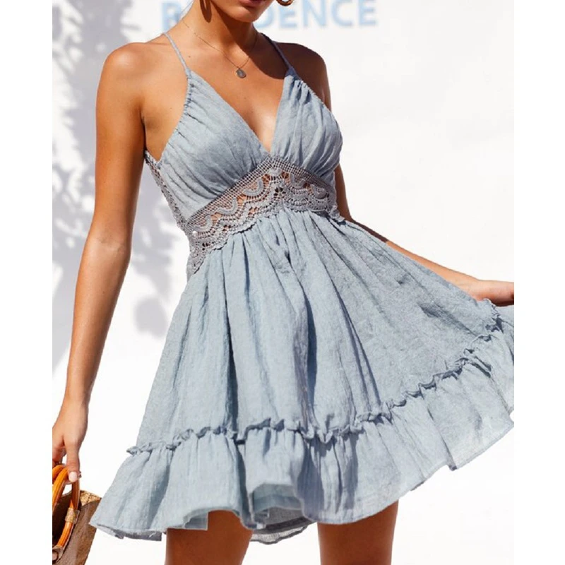 

Sexy Womens Lace Sleeveless Mini Dress Ladies Casual Backless Beach Dress Female Solid Deep V Neck Holiday Dresses Cover Ups