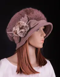 M638 модные коричневые женские зимние теплые с милым кроличьим мехом и шерстяными цветами украшенная Шапка Берет шапочка