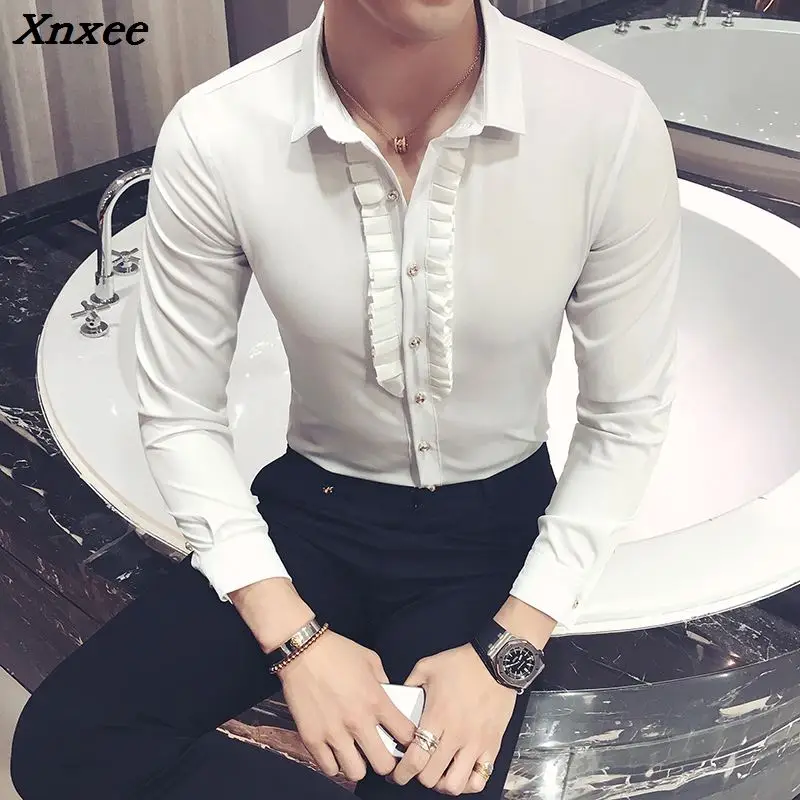 Men shirt fashion slim solid color long-sleeved shirt nightclub bar barber High-end business casual evening dress