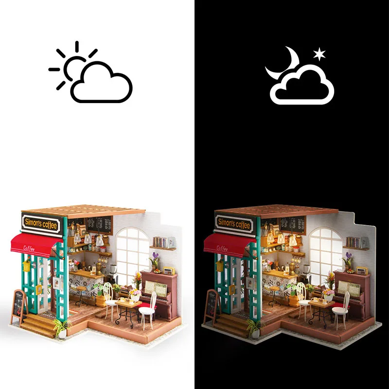 

Robotime DIY 3D Wood Puzzle LED Miniature House Toy Wooden Architecture Furniture Decorations Simon's coffee Funny Toys For Kids