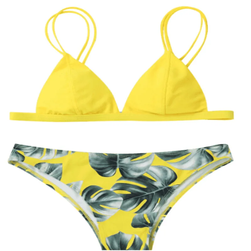 

Bikini 2019 New Woman Sexy Bikini Cami Palm Leaf Printed Biquini Swimwear Women Swimsuit Push Up White Yellow Black Swimsuit Set
