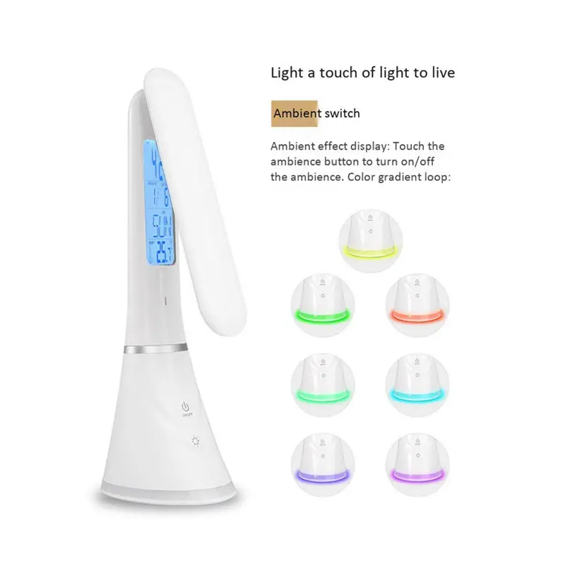  Led Desk Lamp 4W Foldable Dimmable Usb Table Light With Calendar Temperature Alarm Clock Atmosphere