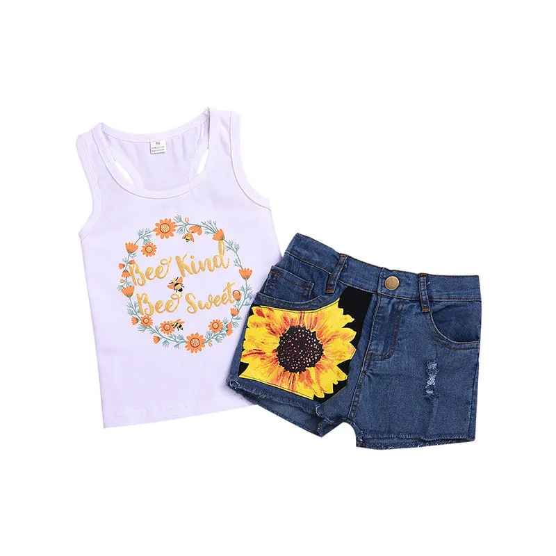 Fashion Toddler Kids Girl Summer Clothes Sleeveless Floral Vest Tops+Sunflower Ripped Denim Shorts Jean 2PCS Outfit Set