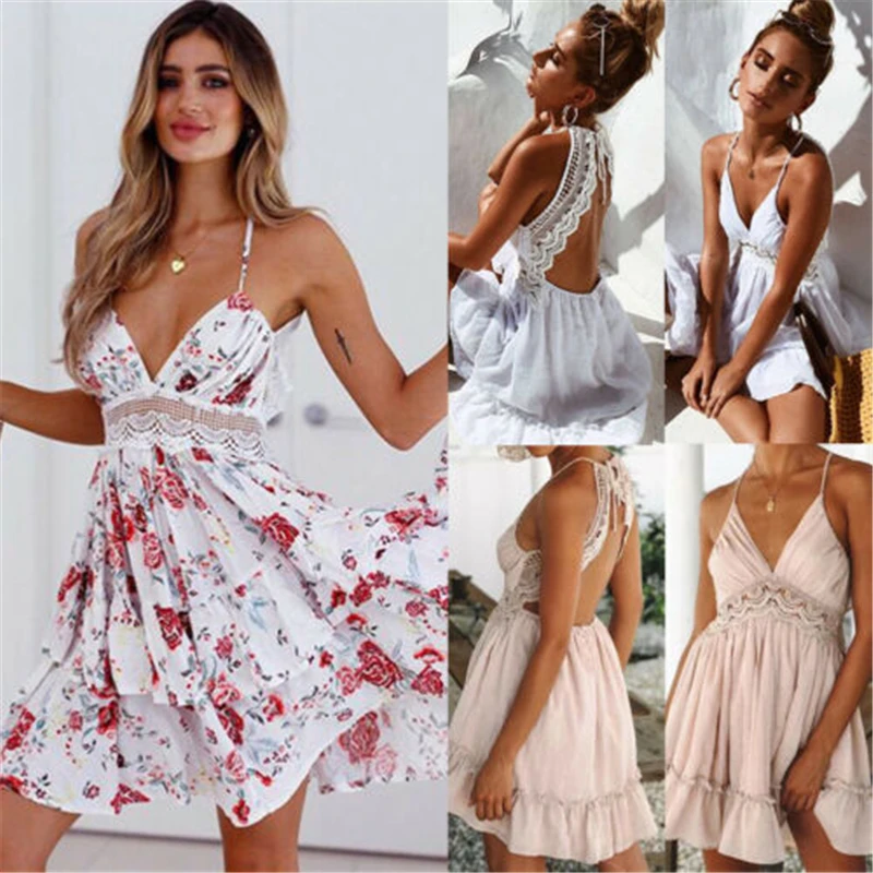 

Women Boho Lace Mini Dress Summer Beach Evening Party Floral Sundress