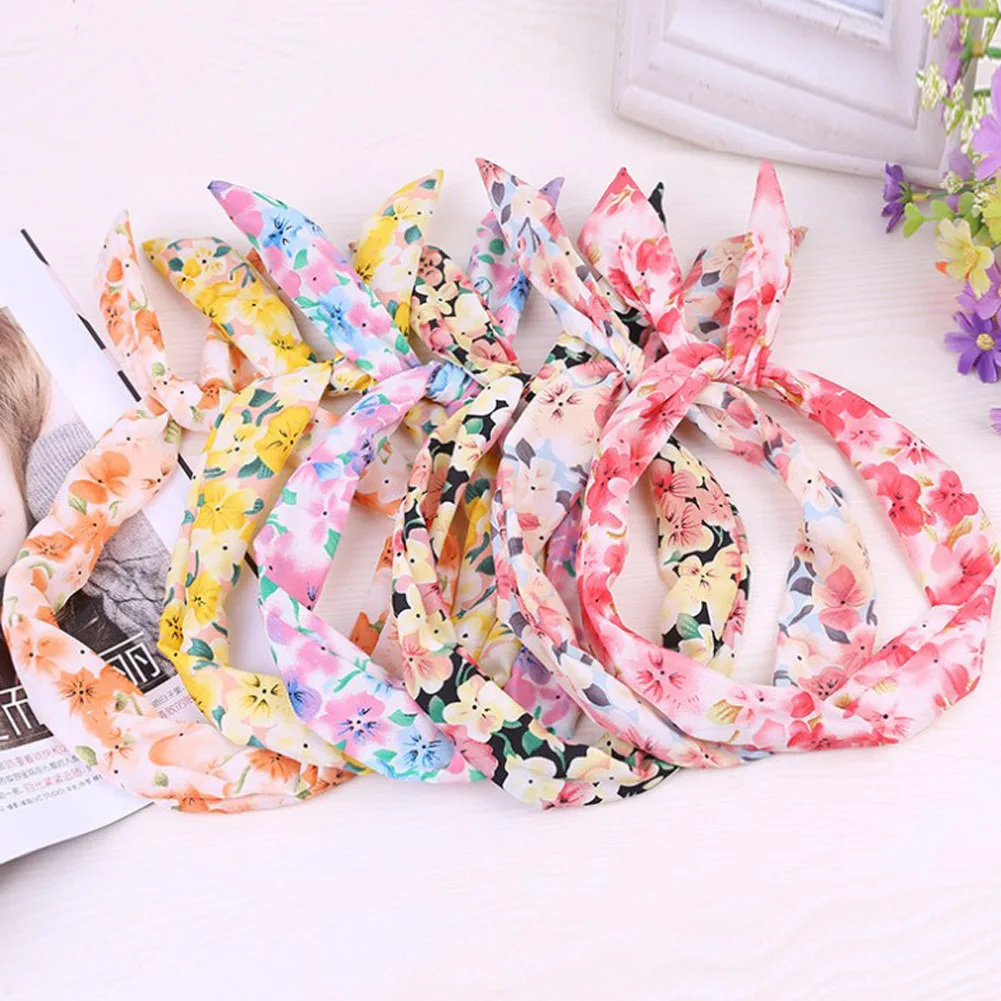 1Pc Cute Leopard Dots lip print flower Bunny Rabbit Ear Ribbon Headwear Hairband Metal Wire Scarf Headband Hair Band Accessories