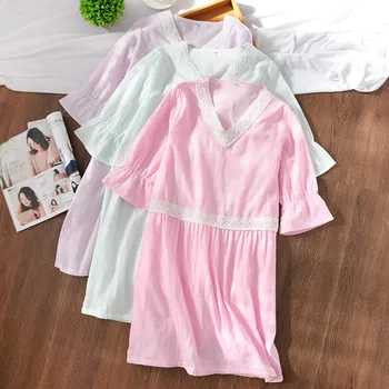 

Summer Lovely Princess Sleeping Dress Cotton Double Layer Gauze Women Sleepwear Short-sleeve Lingerie Nightgown Home Night Dress