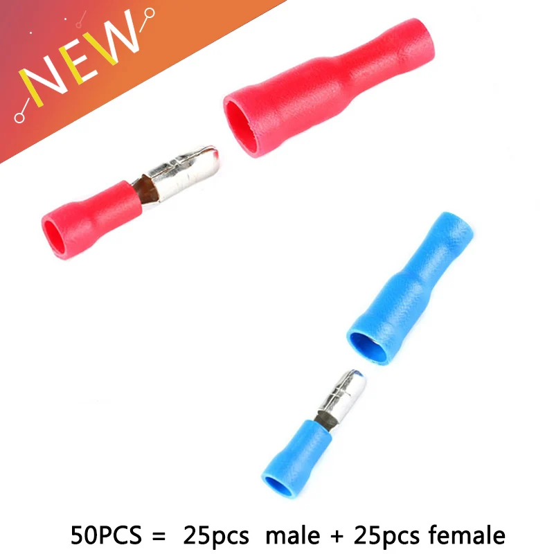 

Hot 50Pcs X Male Female Bullet Connector Crimp Terminals Wiring For 22-16AWG 16-14AWG 0.5-1.5/1.5-2.5 Wire