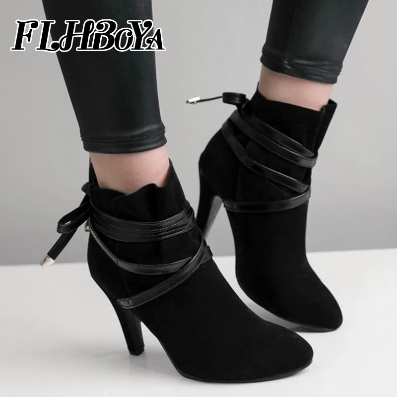 

FLHBOYA New Fashion Ladies Elegant Super High thin Heel Pointed Toe Ankle Boots shoes for women cross-tie ankle strap Short Boot