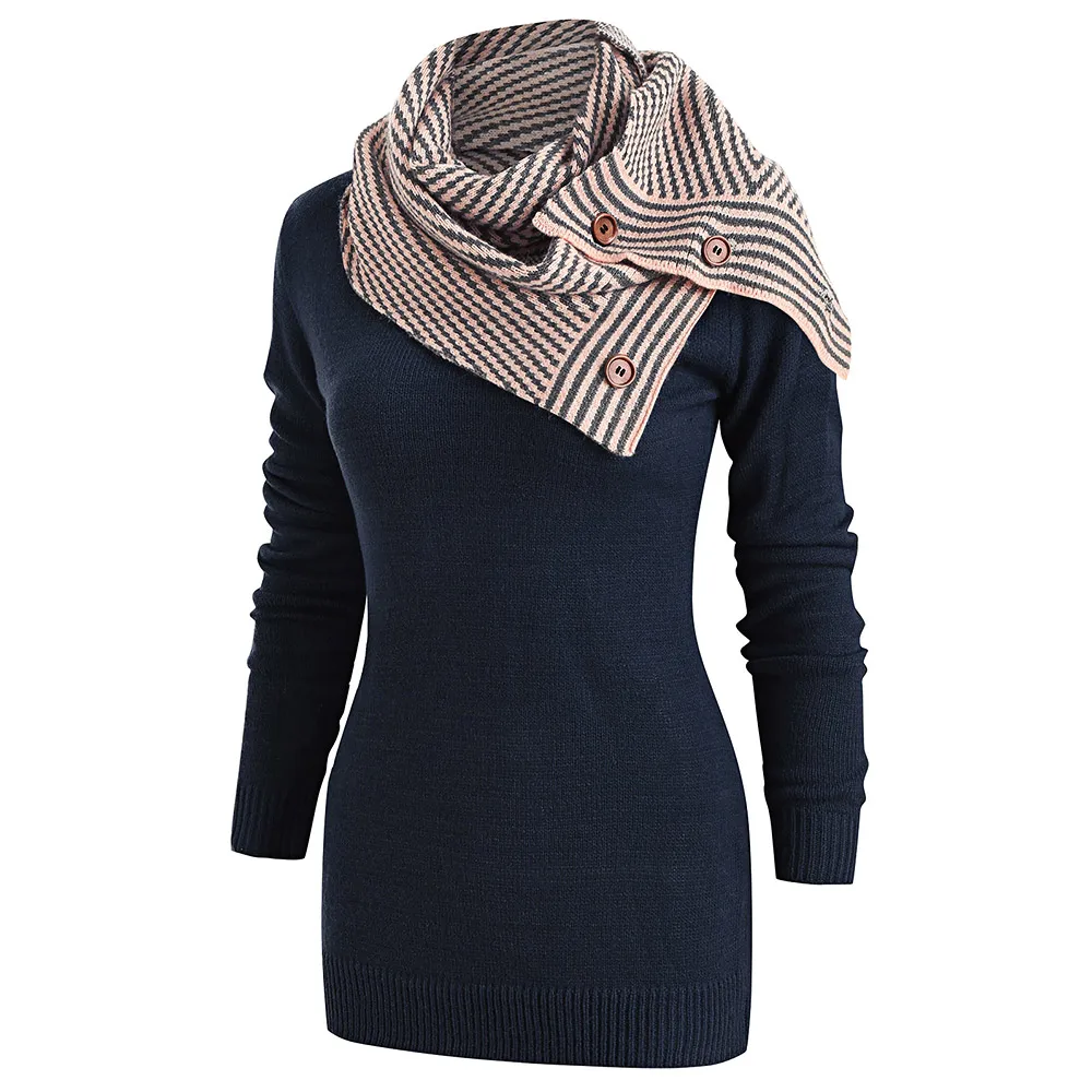 Wipalo Plus Size Pullover Sweater Women Buttons Crew Neck Long Sleeve Sweater With Striped Scarf Winter knitting Ladies Tops Wipalo Plus Size Pullover Sweater Women Buttons Crew Neck Long Sleeve Sweater With Striped Scarf Winter knitting Ladies Tops