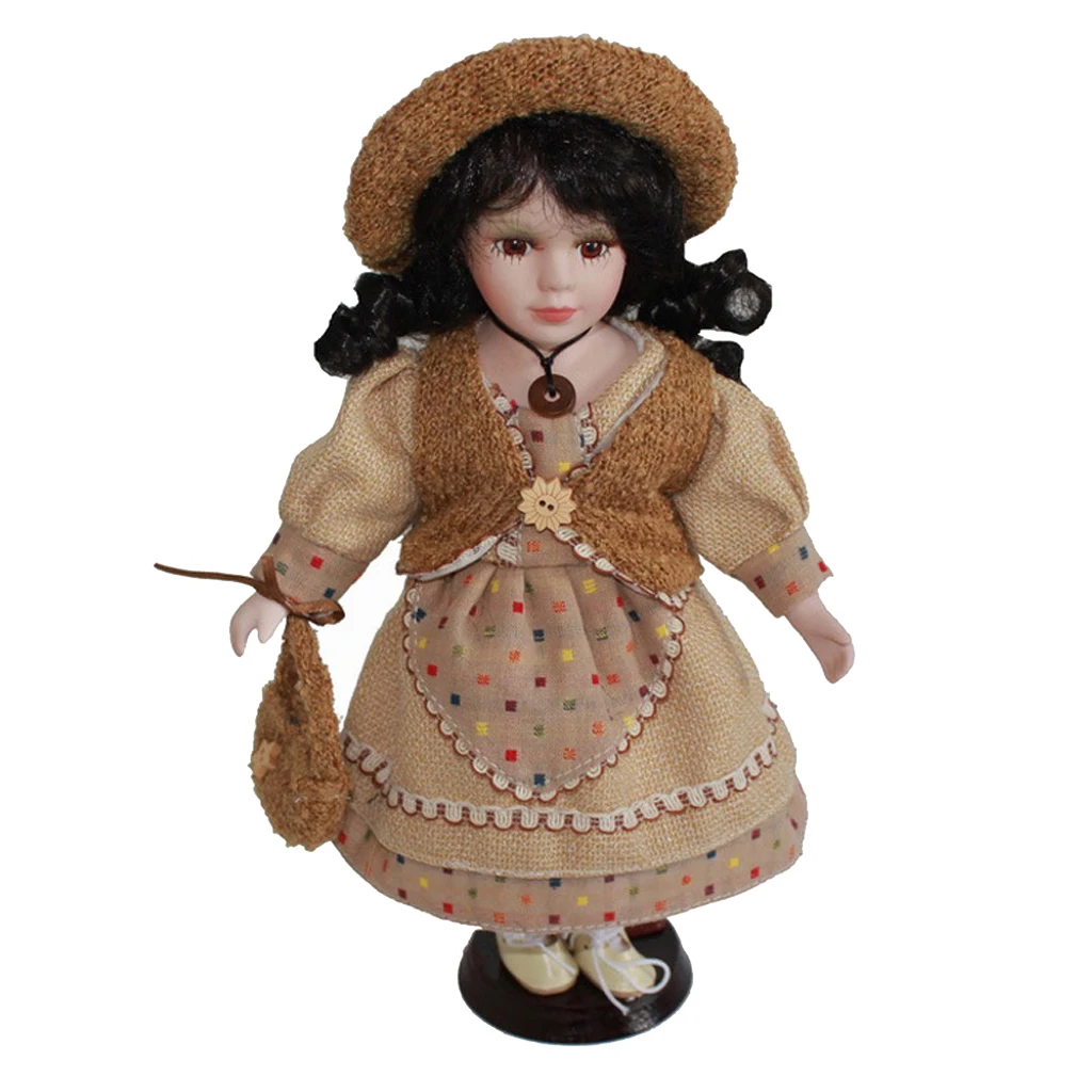 

30cm Lovely Porcelain Girl Doll People Figure with Beige Dress and Hat Set Kids Gift