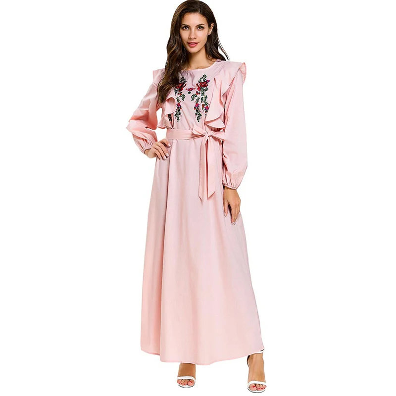 

2019 Abaya Caftans for Women Pink Embroidery Ruffles Bow Plus Size Maxi Patchwork Dresses Cardigan Kimono Long Robe Middle East