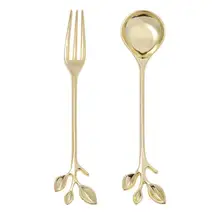 Vintage spoons fork real gold Metal carving Mini coffee spoons kitchen accessories fruit prikkers dessert fork 2 pieces