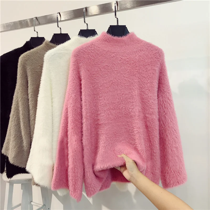 

Women Elegant Pure Color Half Turtleneck Sweaters Fashion Fleece Long Sleeve Knitted Jumper Female Office Work Chic Pullovers