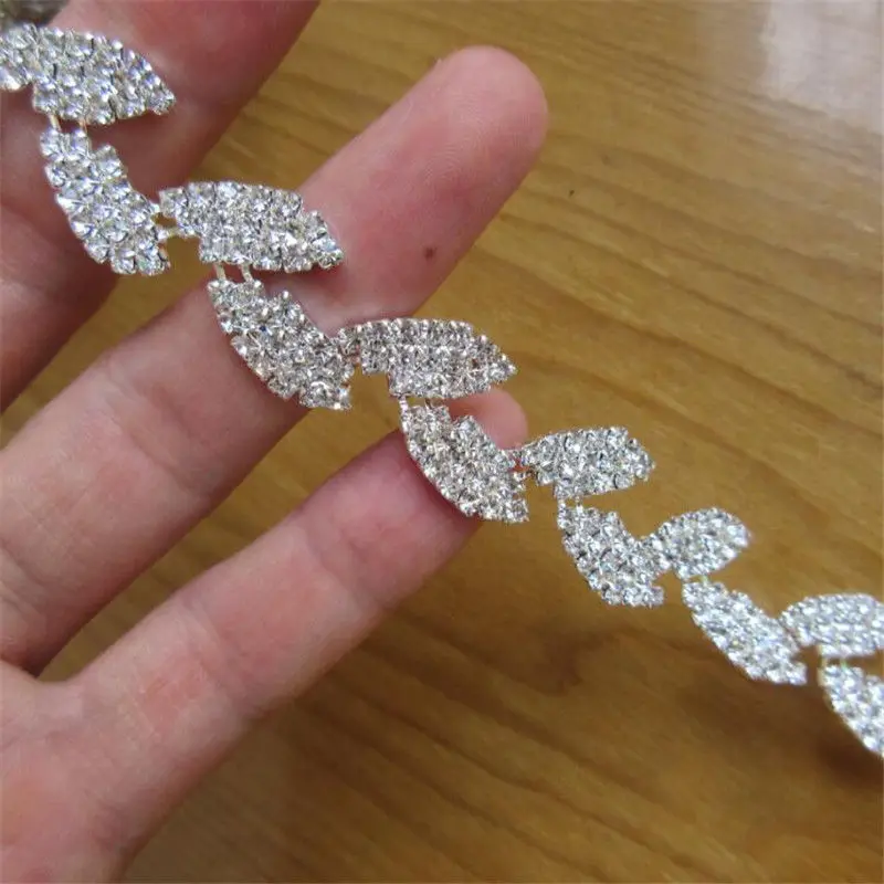 

1 yard Leaves Rhinestone Chain Trim Ribbon Silver Crystal Applique Hair Accessory Bridal Sash Sewing on Wedding Dress Decoration