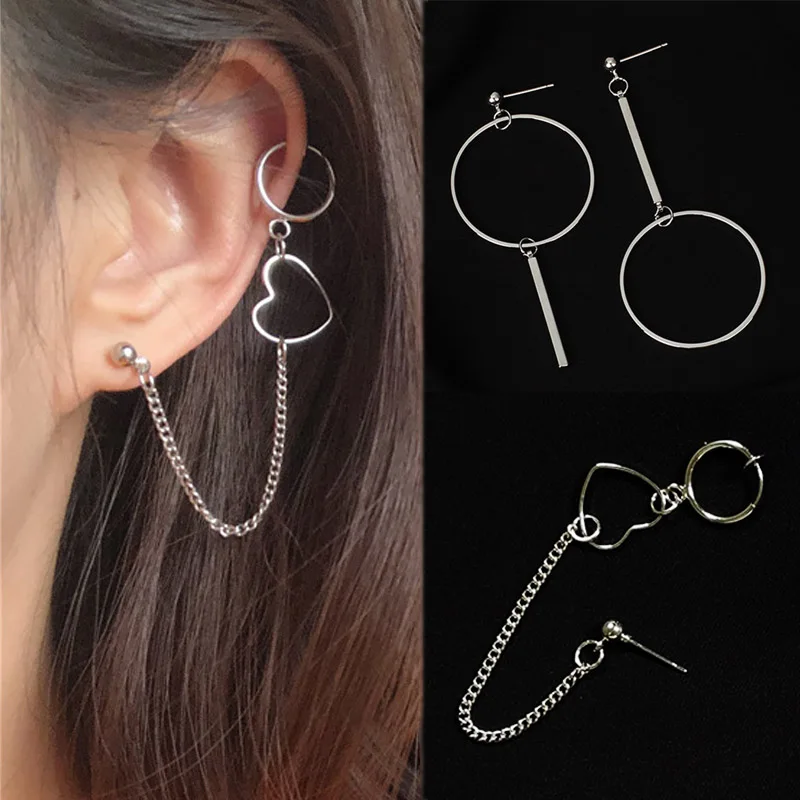 

Hot Circle Long Chain Drop Earrings Silvery Punk Gift Hip Hop Ear Clip Dissymmetry Heart Long Chain Korean Jewelry For Women