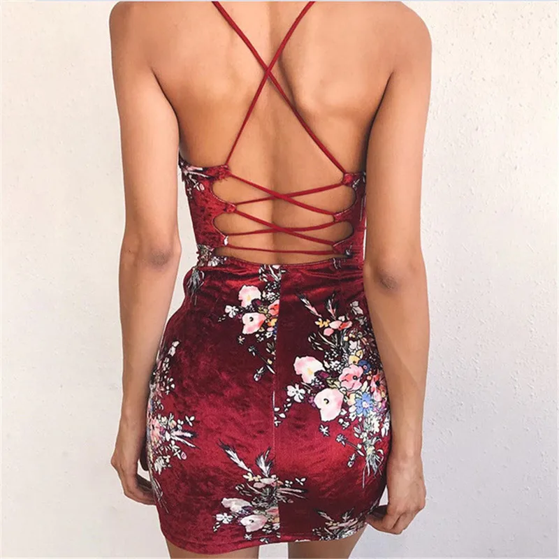 

Printed Floral Sexy Backless Dress Women Sleeveless Cross Bandage Bodycon Mini Sheath Pencil Summer Dress Lace Up Party Dresses