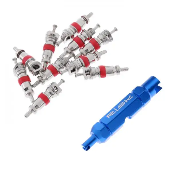 

Aluminium Alloy 10Pcs Bike Inner Tube Valve Core Schrader Anti Rust + Double Ended Schrader Valve Core Remover Tool