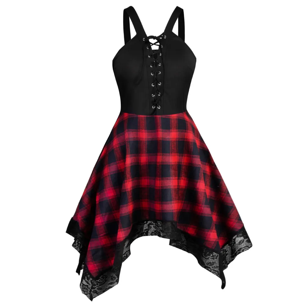 

Wipalo Women Plus Size 5XL Plaid Patchwork Irregular Hem A-Line Retro Dress V Neck Spaghetti Strap Lace Up Vintage Dress Vestido